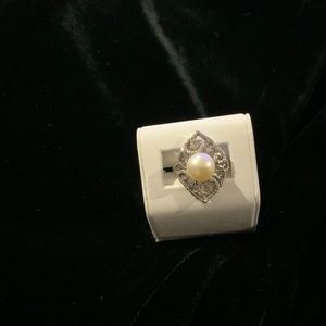 Sterling Pearl and Diamond Ring